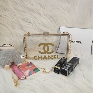 Cosmetic Bag Gold Clear Acrylic Clutch With Gold Chain Strap